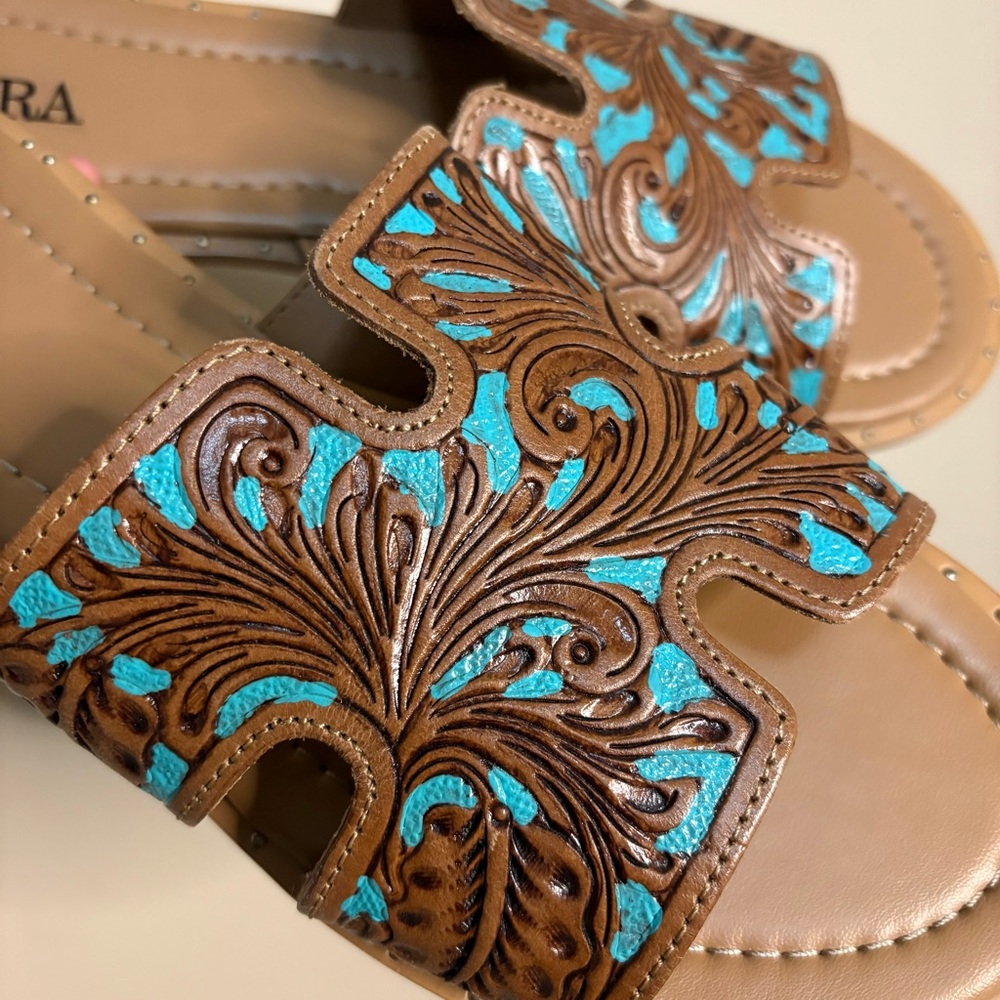 Women's Myra Hand Tooled Leather Turquoise and Brown Sandals Slides Size 11 - Picture 2 of 7